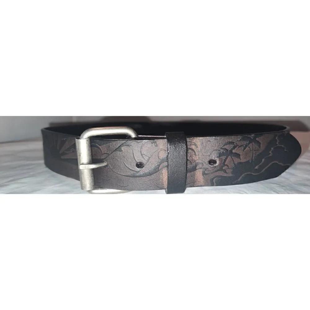 Sunset Beach Palm tree embossed Genuine leather belt Size 36 Brown with silver t